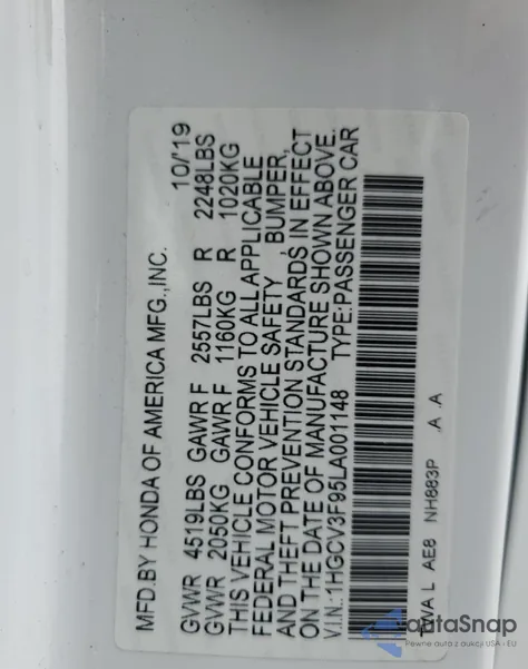 2020 Honda Accord Touring Hybrid from USA, damaged, VIN 1HGCV3F95LA001148